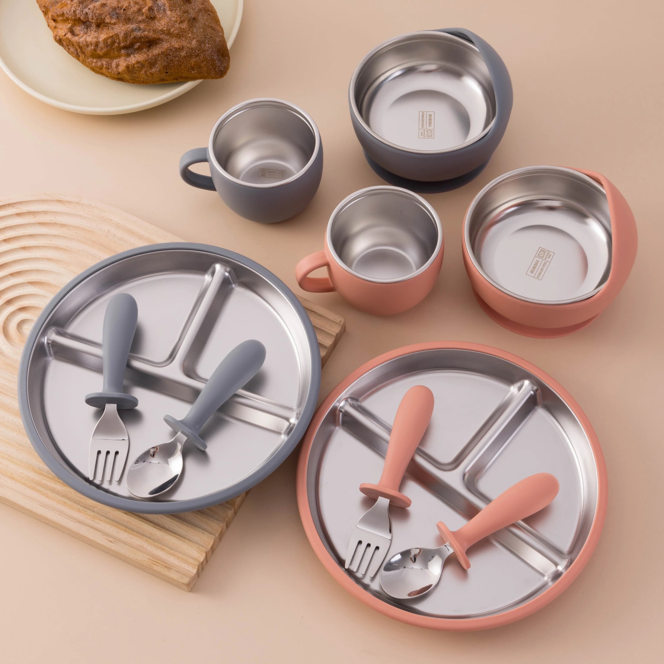 5PCS Stainless Steel Dishes Plate Baby Feeding Set With Detachable Silicone Sucker Bowl BPA Free Infant Fork Spoon Cup Gifts