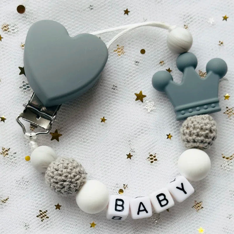 NEW Custom Personalized Name Pacifier Clip Handmade Beech Wooden Chain Silicone Crown Holder Soother Baby Teething Toy Chew Gift