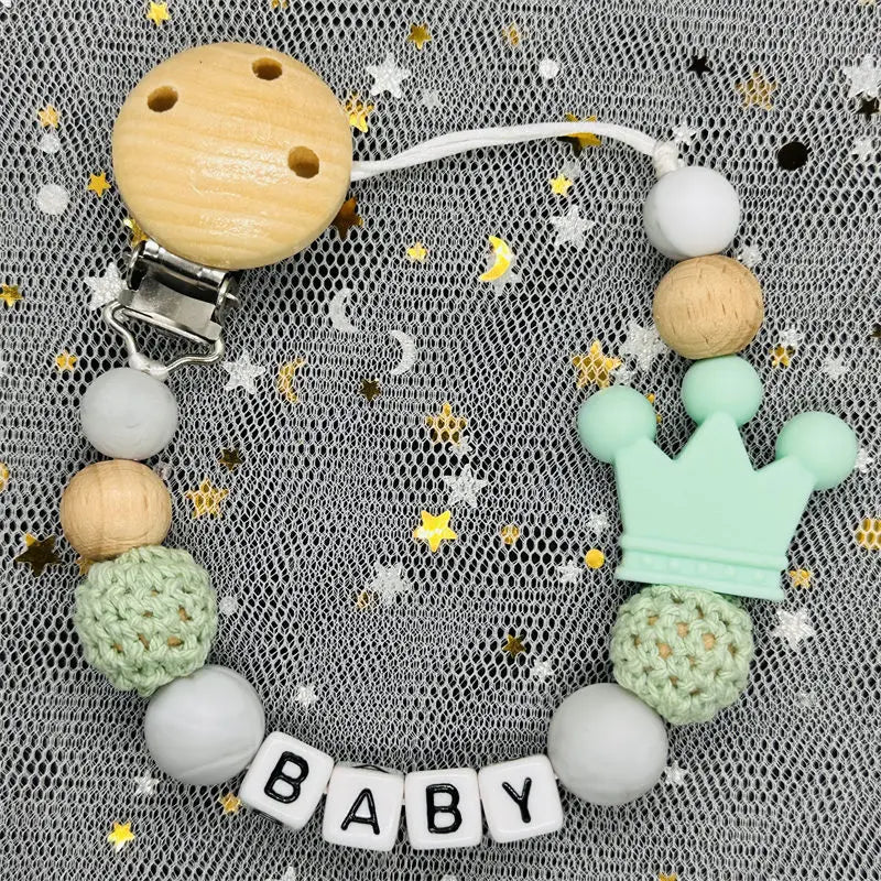 NEW Custom Personalized Name Pacifier Clip Handmade Beech Wooden Chain Silicone Crown Holder Soother Baby Teething Toy Chew Gift