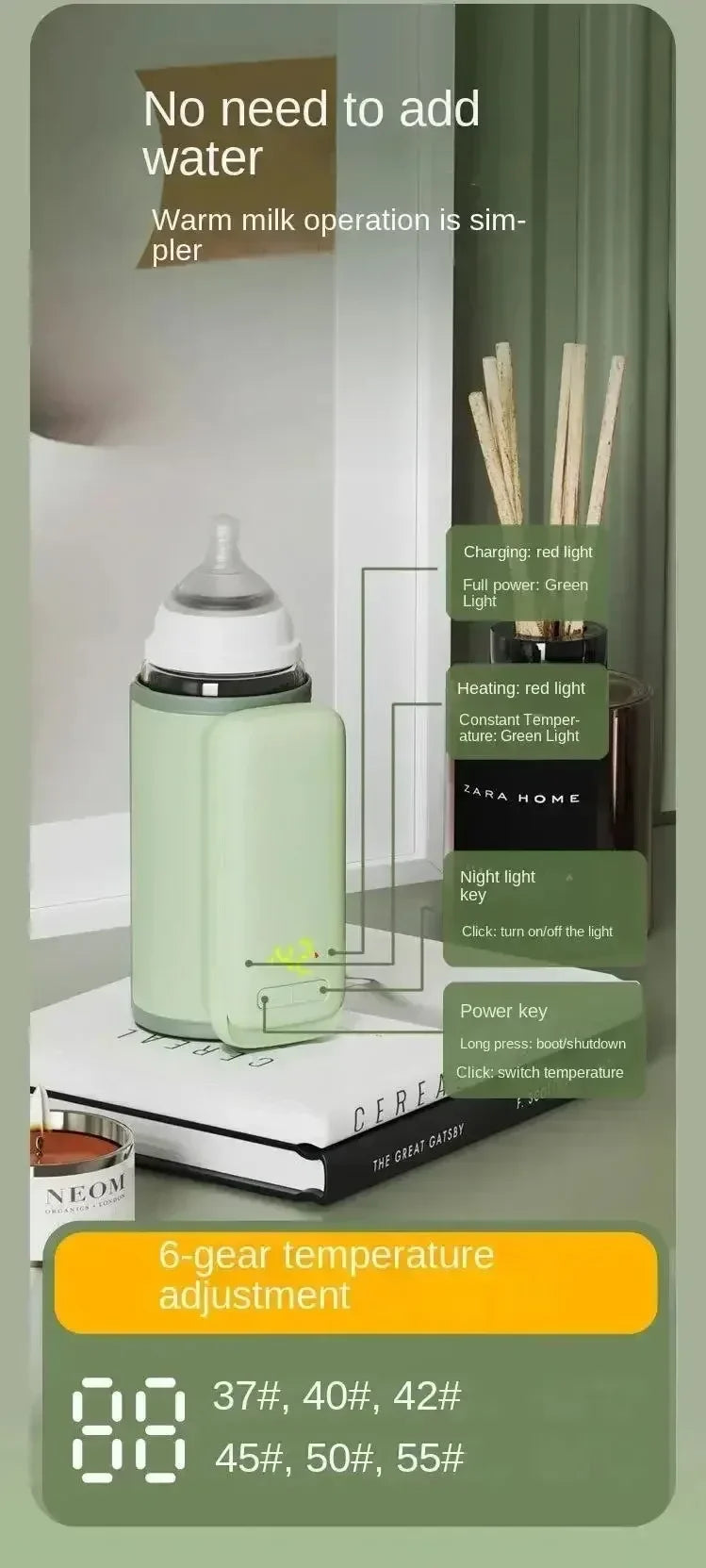 Rechargeable Baby Bottle Warmer 6Heat Level Multifunction Breast Milk Warmer Accurate Temperature Control Baby Bottle Heat