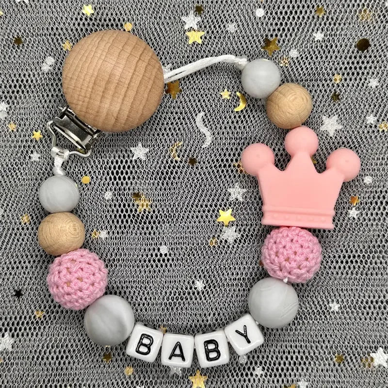 NEW Custom Personalized Name Pacifier Clip Handmade Beech Wooden Chain Silicone Crown Holder Soother Baby Teething Toy Chew Gift