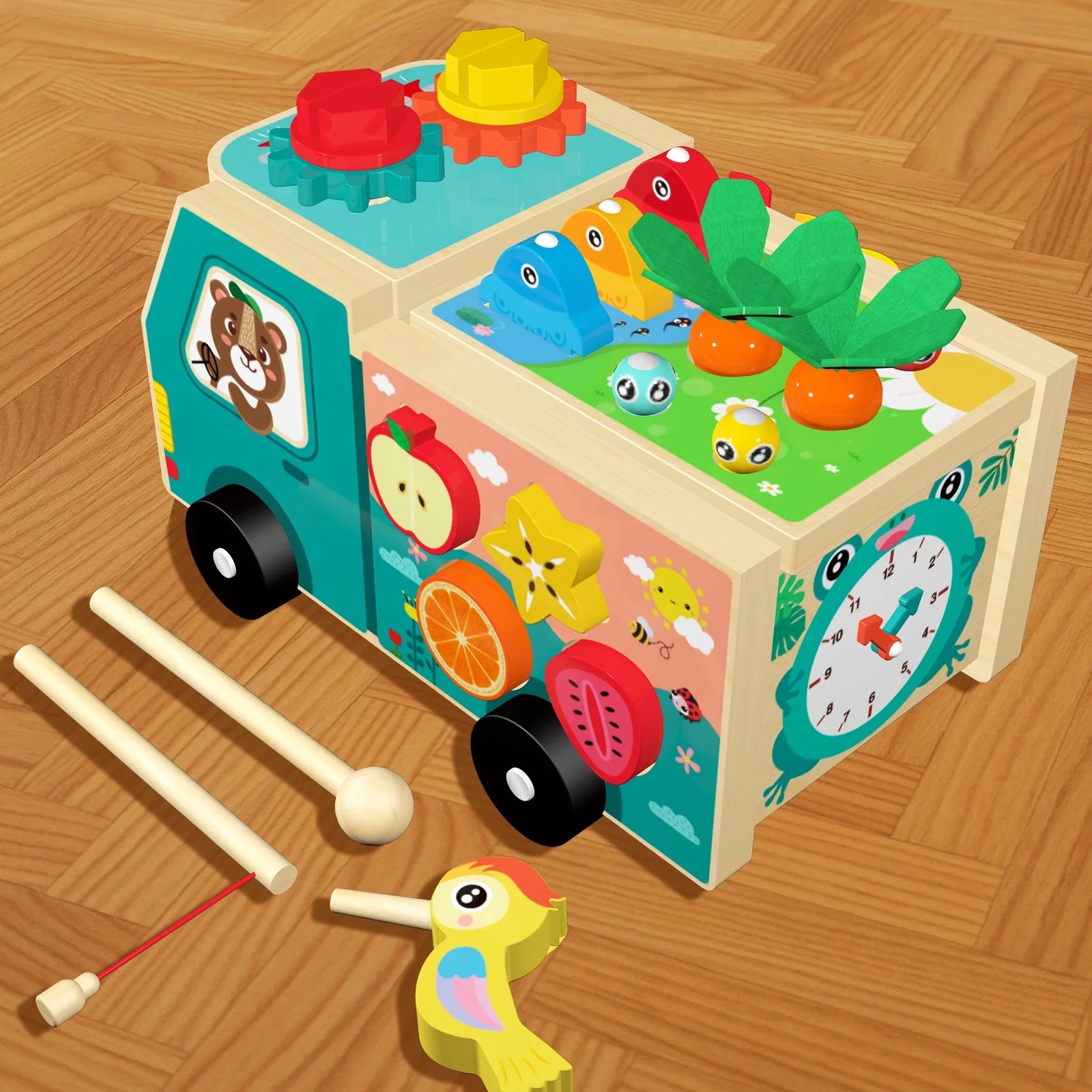 Montessori Farm Truck Activity Toy – Wooden Hammer, Sorting & Sensory Learning Toy for Toddlers