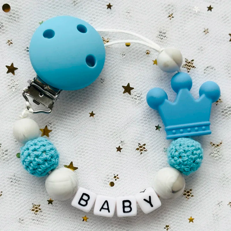 NEW Custom Personalized Name Pacifier Clip Handmade Beech Wooden Chain Silicone Crown Holder Soother Baby Teething Toy Chew Gift