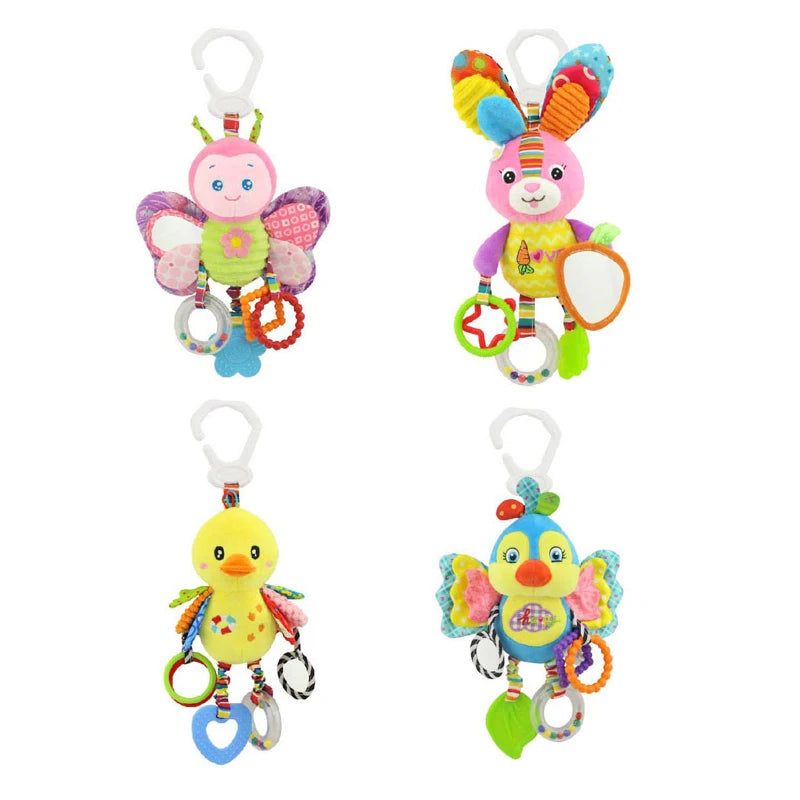 Plush Animal Wind Chime Teether Soft Hanging Crinkle Squeaky Sensory Learning Toy for Stroller Car Seat Crib Travel for Babies