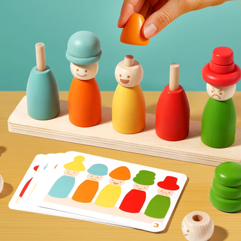 Children Montessori Educational Toys Wooden Stacker Emotion Dolls Color Cognize Puppet Matching Fine Motor Skill Training Game