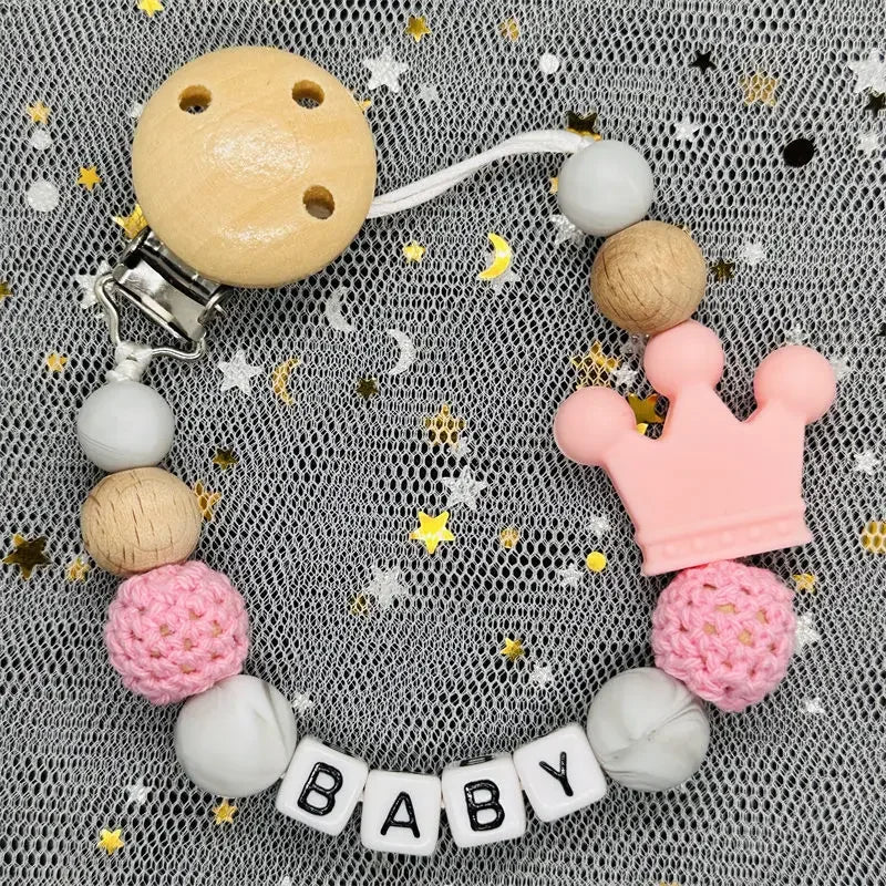 NEW Custom Personalized Name Pacifier Clip Handmade Beech Wooden Chain Silicone Crown Holder Soother Baby Teething Toy Chew Gift
