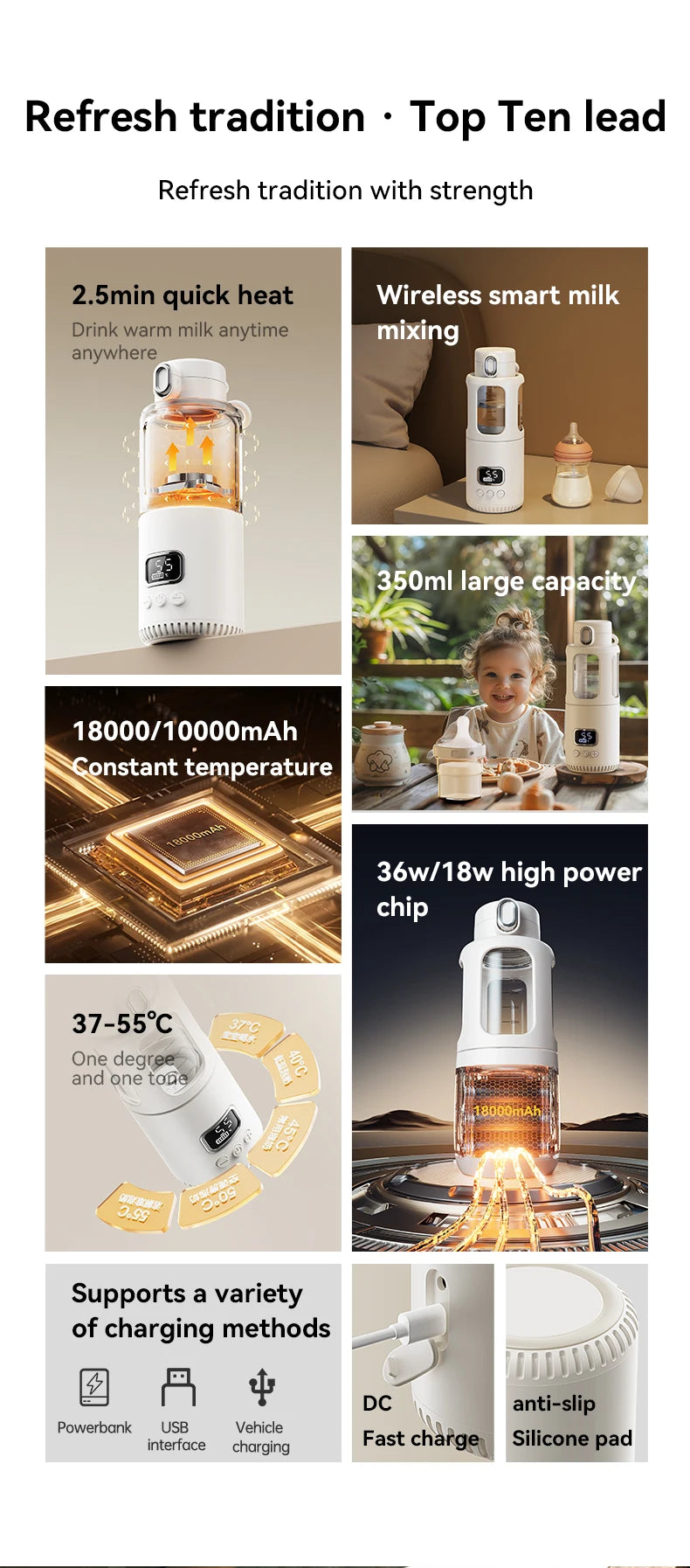 18000/10000mAh High-Power Constant Temperature Cup Quick Hot Water And Milk Heating Portable Baby Bottle Warmer