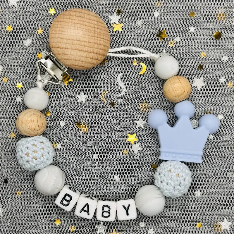 NEW Custom Personalized Name Pacifier Clip Handmade Beech Wooden Chain Silicone Crown Holder Soother Baby Teething Toy Chew Gift