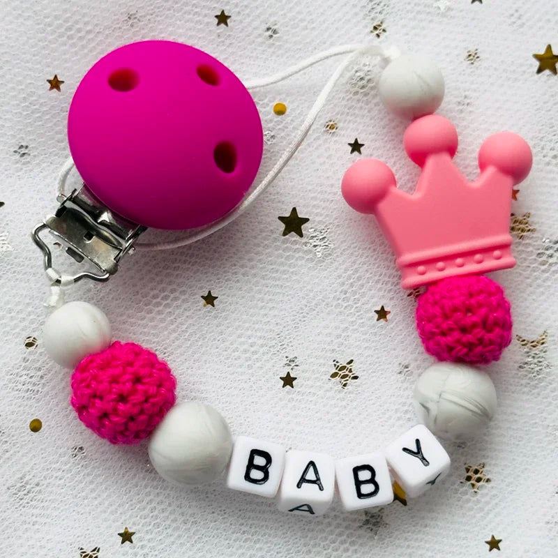 NEW Custom Personalized Name Pacifier Clip Handmade Beech Wooden Chain Silicone Crown Holder Soother Baby Teething Toy Chew Gift