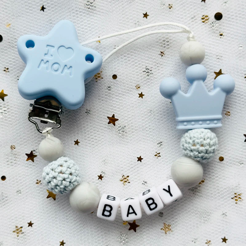 NEW Custom Personalized Name Pacifier Clip Handmade Beech Wooden Chain Silicone Crown Holder Soother Baby Teething Toy Chew Gift
