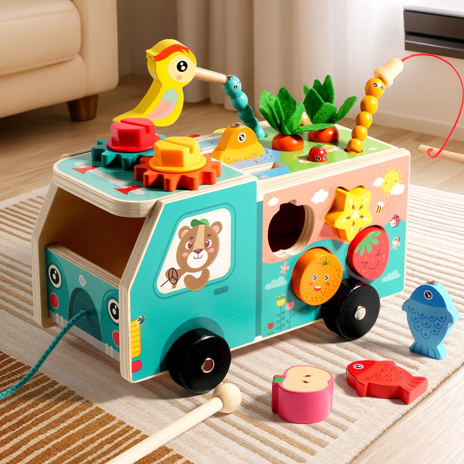 Montessori Farm Truck Activity Toy – Wooden Hammer, Sorting & Sensory Learning Toy for Toddlers