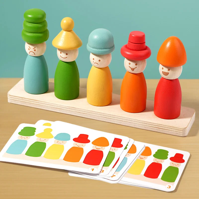 Children Montessori Educational Toys Wooden Stacker Emotion Dolls Color Cognize Puppet Matching Fine Motor Skill Training Game