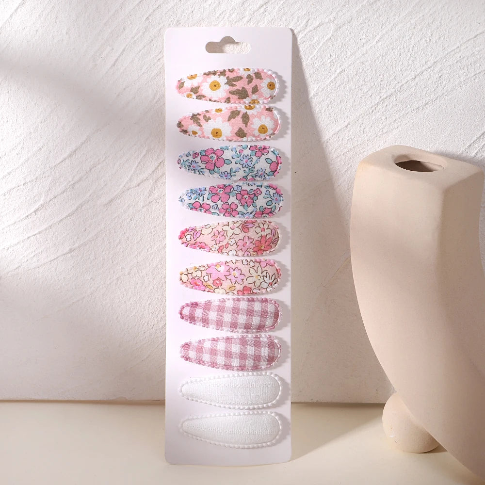 10Pcs/Lot Newborn Print Cotton Alloy Hair Bow Snap Clips Set Fabric Plaid Hairpins Girls Kids Headwear Baby Hair Accessories