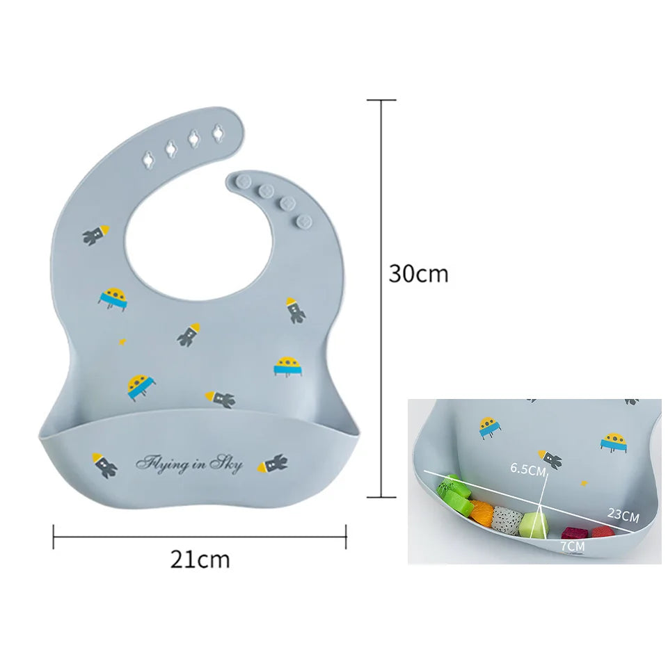 Waterproof Bibs For Kids Feeding Baby Eating Stuff Soft Silicone Babeast Cartoon Printed Adjustable Baby Tasting Feeding Bibs