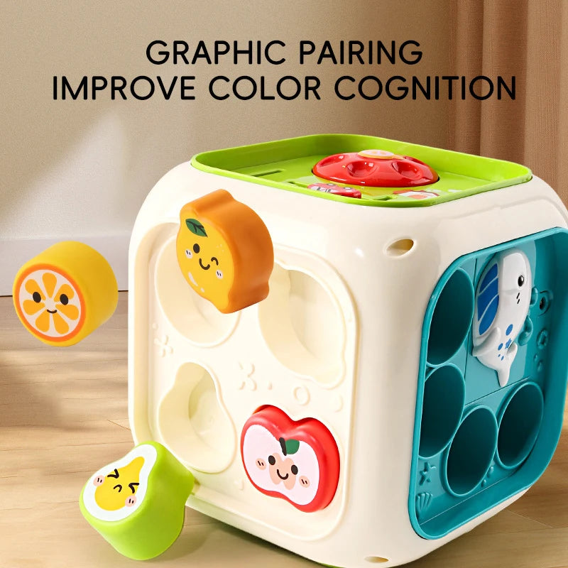 6 In 1 Activity Cube For Babies And Toddlers With Music And Light - Montessori Shape Sorter Learning Toy 1-3 Car Seat Travel Toy