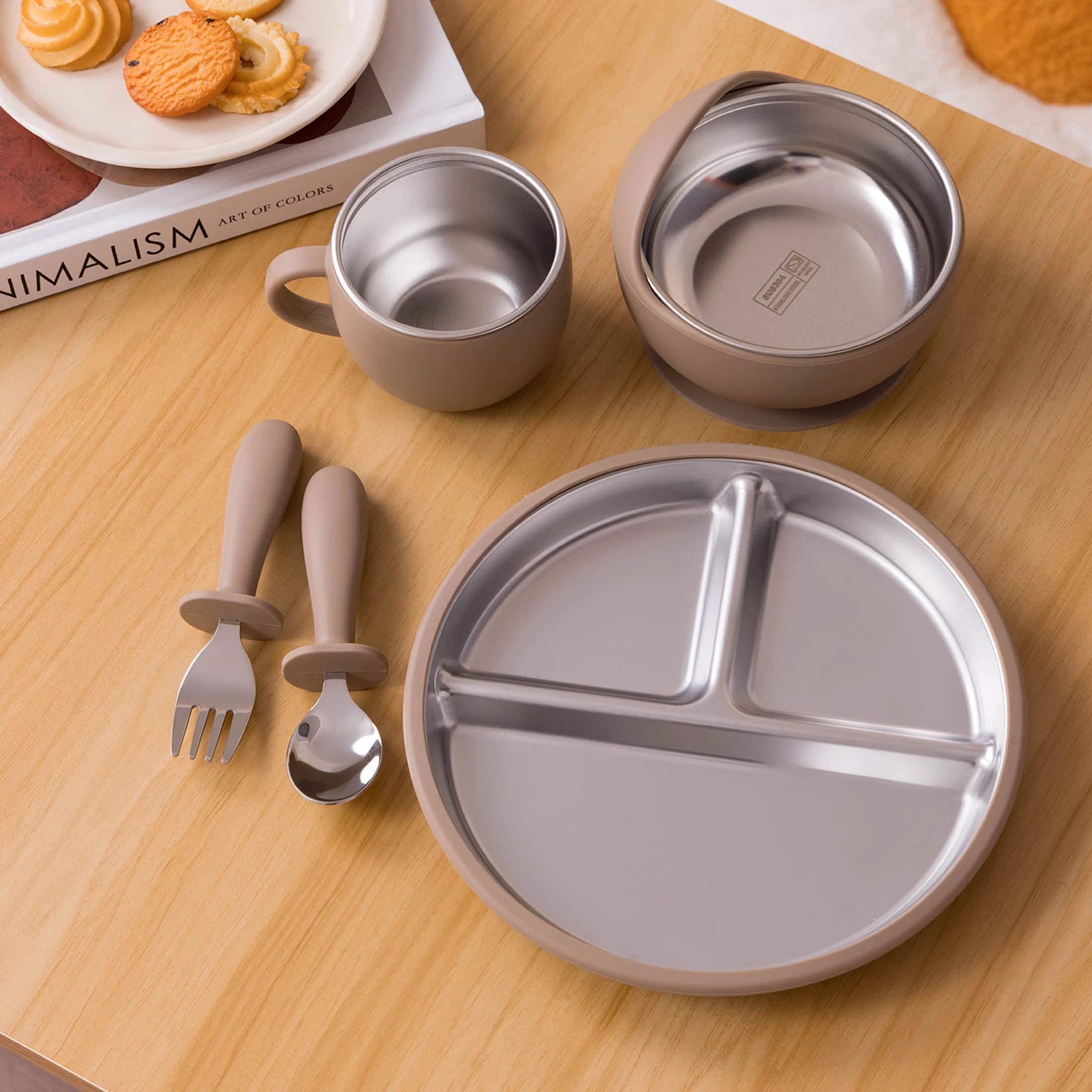 5PCS Stainless Steel Dishes Plate Baby Feeding Set With Detachable Silicone Sucker Bowl BPA Free Infant Fork Spoon Cup Gifts