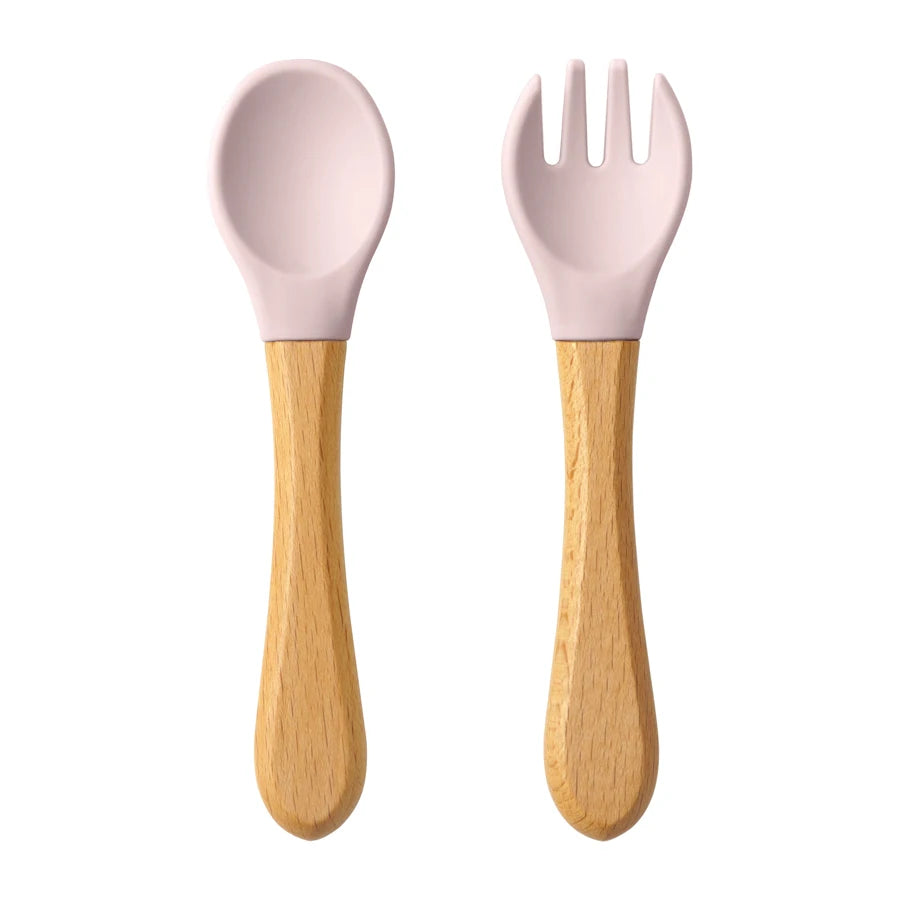 2PCS Baby Learning Spoons Utensils Set Food Grade Wooden Handle Silicone Spoon Fork Cutlery Training Spoon Feeding Tableware