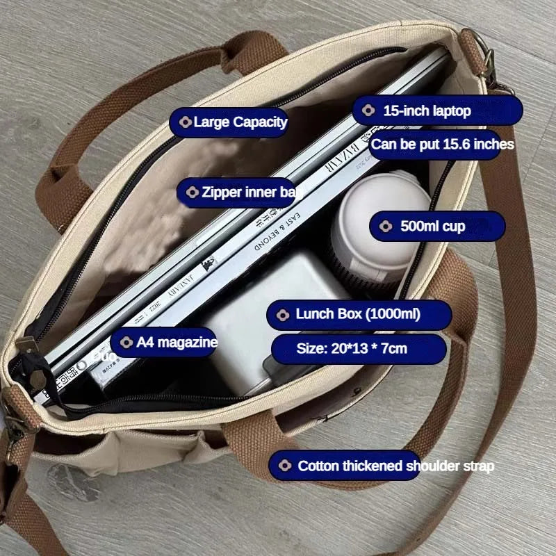 Canvas Ladies Bag Simple Student Large Capacity Horizontal Commuter Shoulder Slanting Portable Handbag