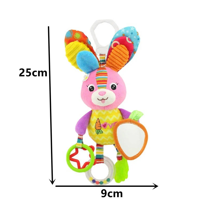 Plush Animal Wind Chime Teether Soft Hanging Crinkle Squeaky Sensory Learning Toy for Stroller Car Seat Crib Travel for Babies