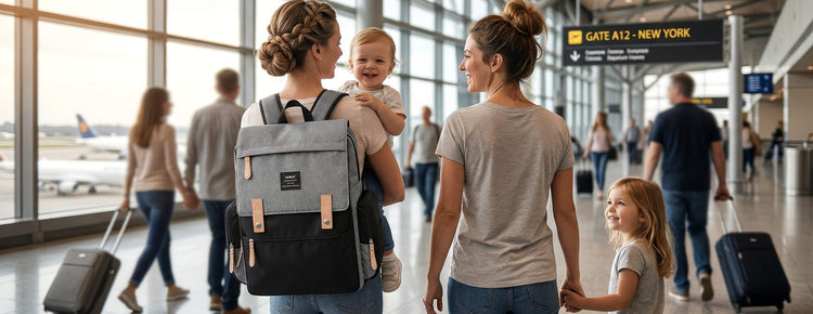 Parent walking through airport with baby using a travel diaper bag in a modern lifestyle setting