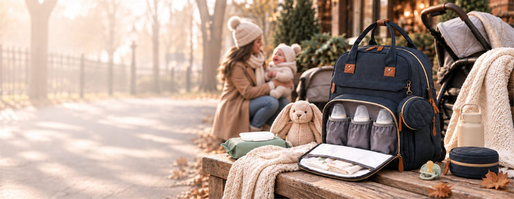 Young family using a convertible diaper bag with a baby bassinet during an autumn outing.