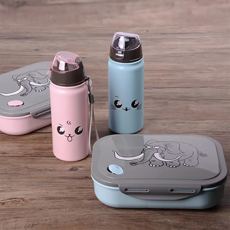 Cartoon Bento Box with Kettle Set Microwaveable Portable Lunch Box Elephant Pattern Kids Snack Box Food Storage Box