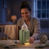 Portable baby bottle warmer for night feedings beside a sleeping baby in a nursery
